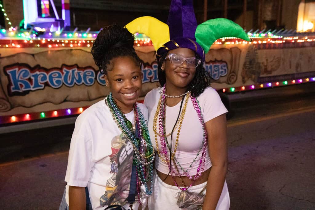 Aeayunnia Leonard and Kealaymia Leonard at the 2026 Mardi Gras Kick-off in the Seville Quarter of Pensacola, Florida