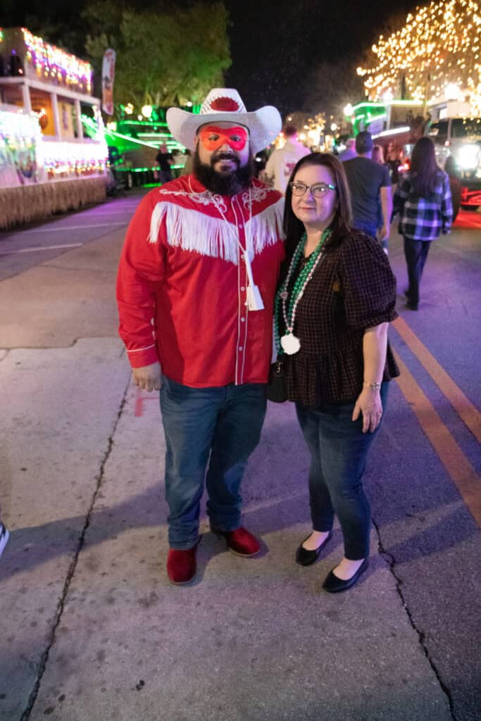 Eldon and Tiffany Scott at the 2026 Mardi Gras Kick-off in the Seville Quarter of Pensacola, Florida