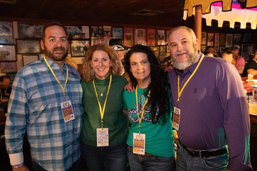 Cam Johnson, Anna Stockton, Heather Robertson and Bobby Boothe at the 2026 Mardi Gras Kick-off in the Seville Quarter of Pensacola, Florida