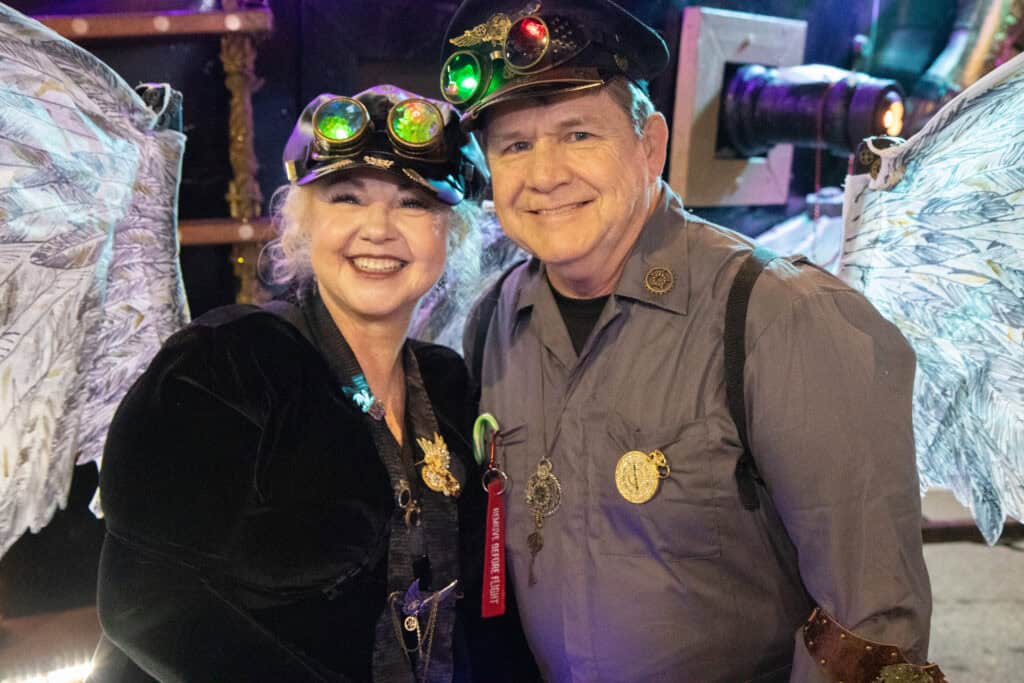 Connie and Jim Miller at the 2026 Mardi Gras Kick-off in the Seville Quarter of Pensacola, Florida