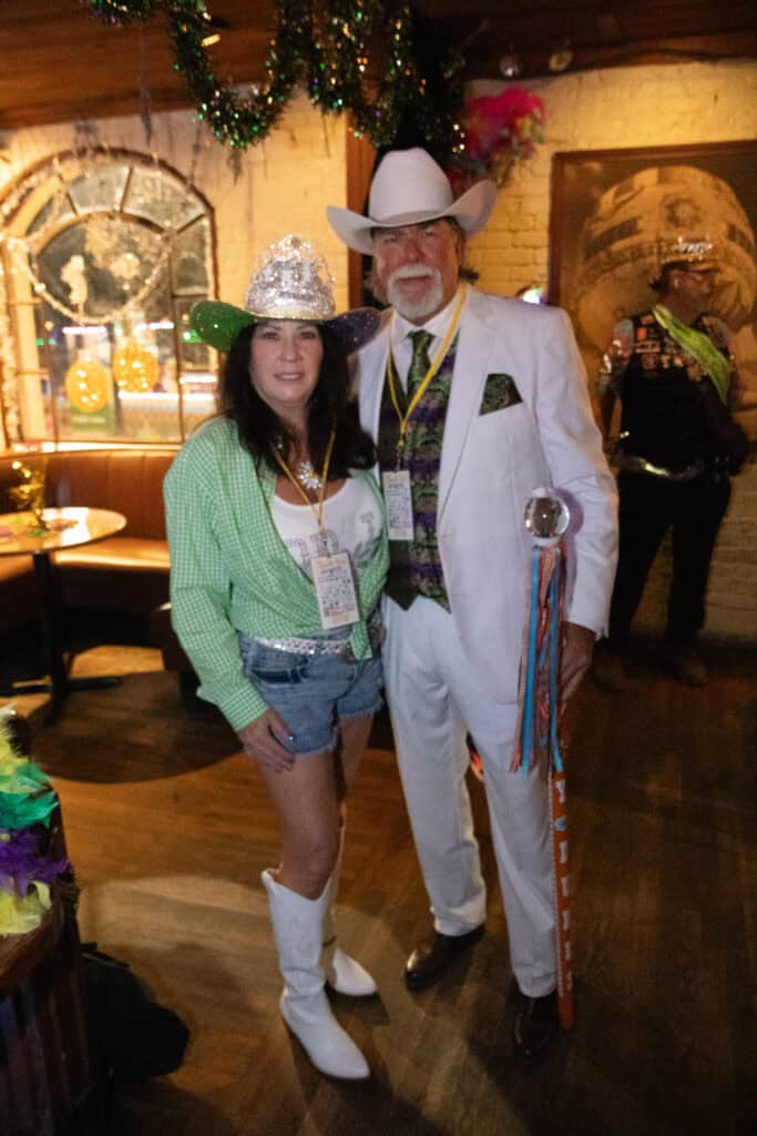 Delisa and Eric Daniels at the 2026 Mardi Gras Kick-off in the Seville Quarter of Pensacola, Florida