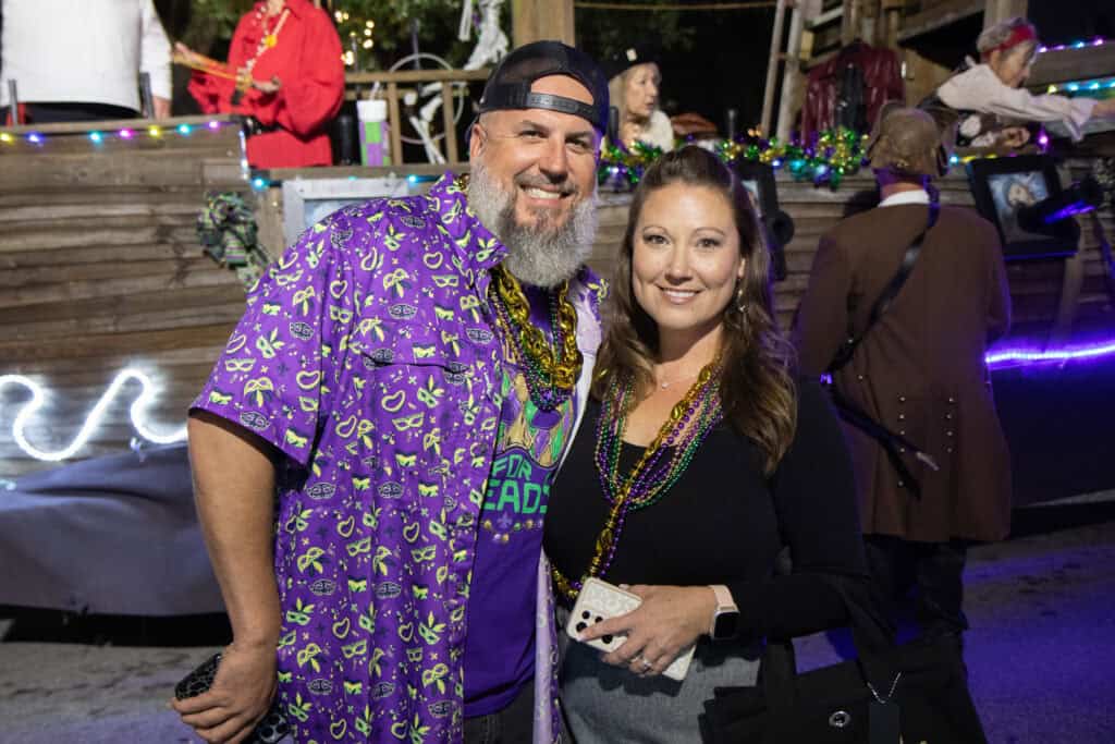 Jared and Kristin Moss at the 2026 Mardi Gras Kick-off in the Seville Quarter of Pensacola, Florida