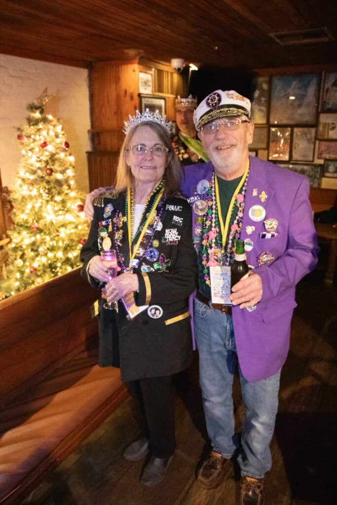 Kathy and Greg Christoff at the 2026 Mardi Gras Kick-off in the Seville Quarter of Pensacola, Florida