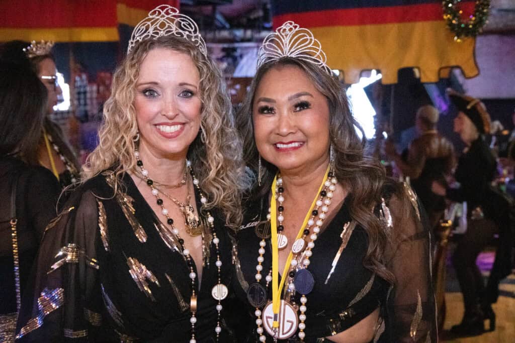 Melissa Wright and Truli Hartley at the 2026 Mardi Gras Kick-off in the Seville Quarter of Pensacola, Florida