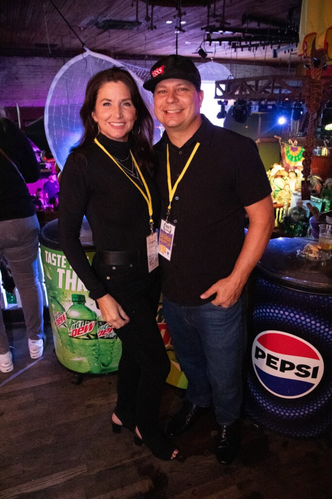 Michelle and Phillip Salzman at the 2026 Mardi Gras Kick-off in the Seville Quarter of Pensacola, Florida