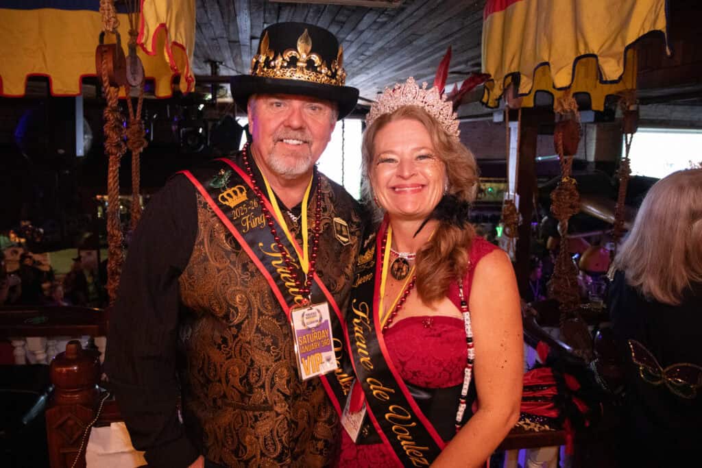 Rick and Crystal McLeod at the 2026 Mardi Gras Kick-off in the Seville Quarter of Pensacola, Florida