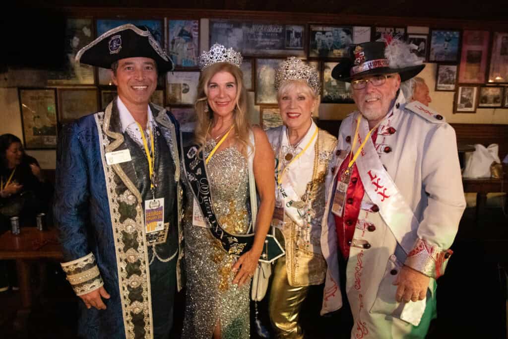 Rique Gavin, Debbie Fisher, Susan Sears and Mark Ericson at the 2026 Mardi Gras Kick-off in the Seville Quarter of Pensacola, Florida