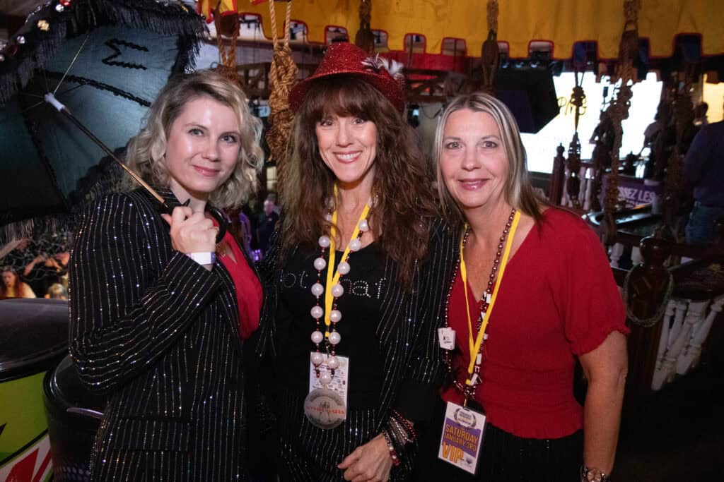 Shelby Hamilton, Seana Massey and Melissa Griffith at the 2026 Mardi Gras Kick-off in the Seville Quarter of Pensacola, Florida