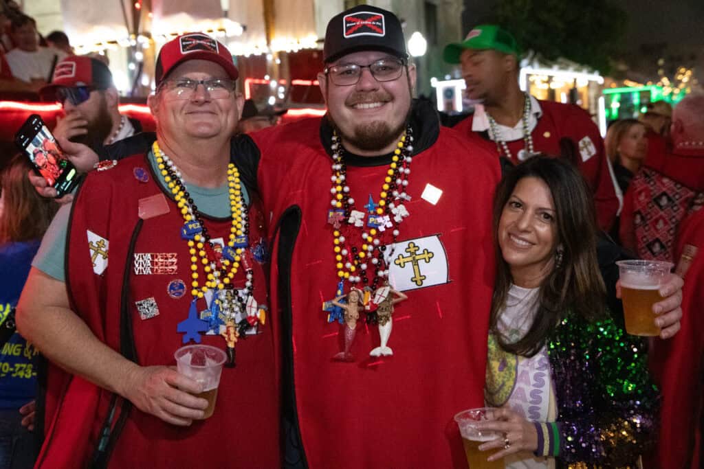 Grant Murphy and Stony and Laurie Brock at the 2026 Mardi Gras Kick-off in the Seville Quarter of Pensacola, Florida
