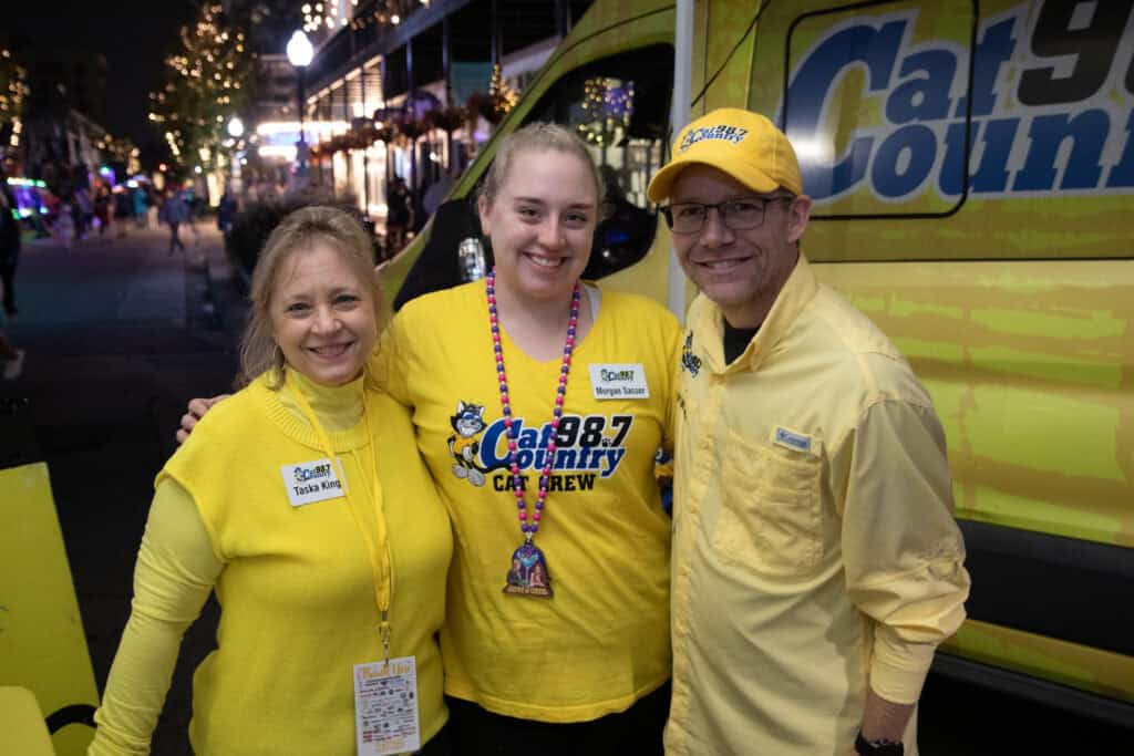 Taska King, Morgan Sasser and Captain Chris at the 2026 Mardi Gras Kick-off in the Seville Quarter of Pensacola, Florida